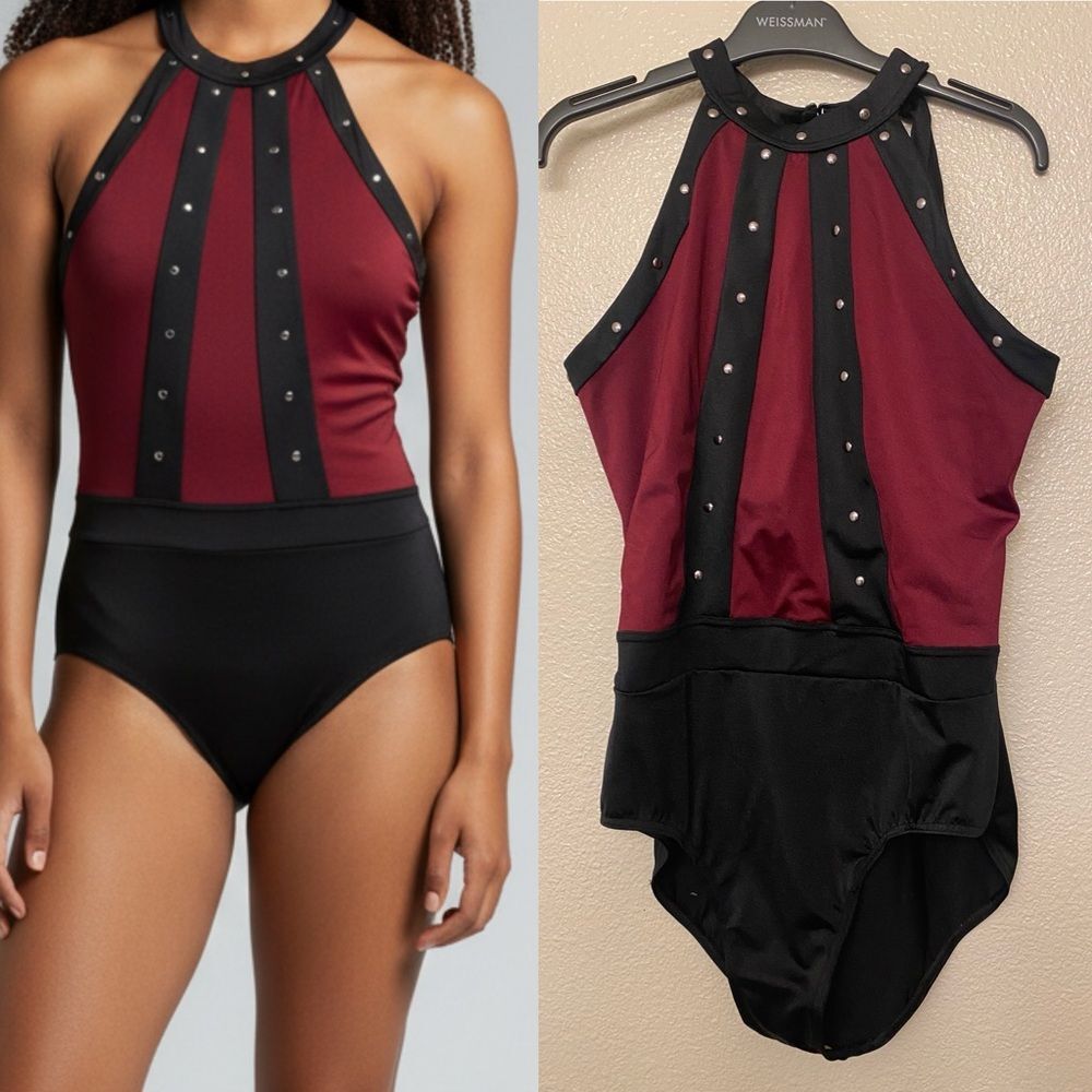Weissman Elite Dance Costume Burgundy Studded Cage Strap Leotard Sh12602 La